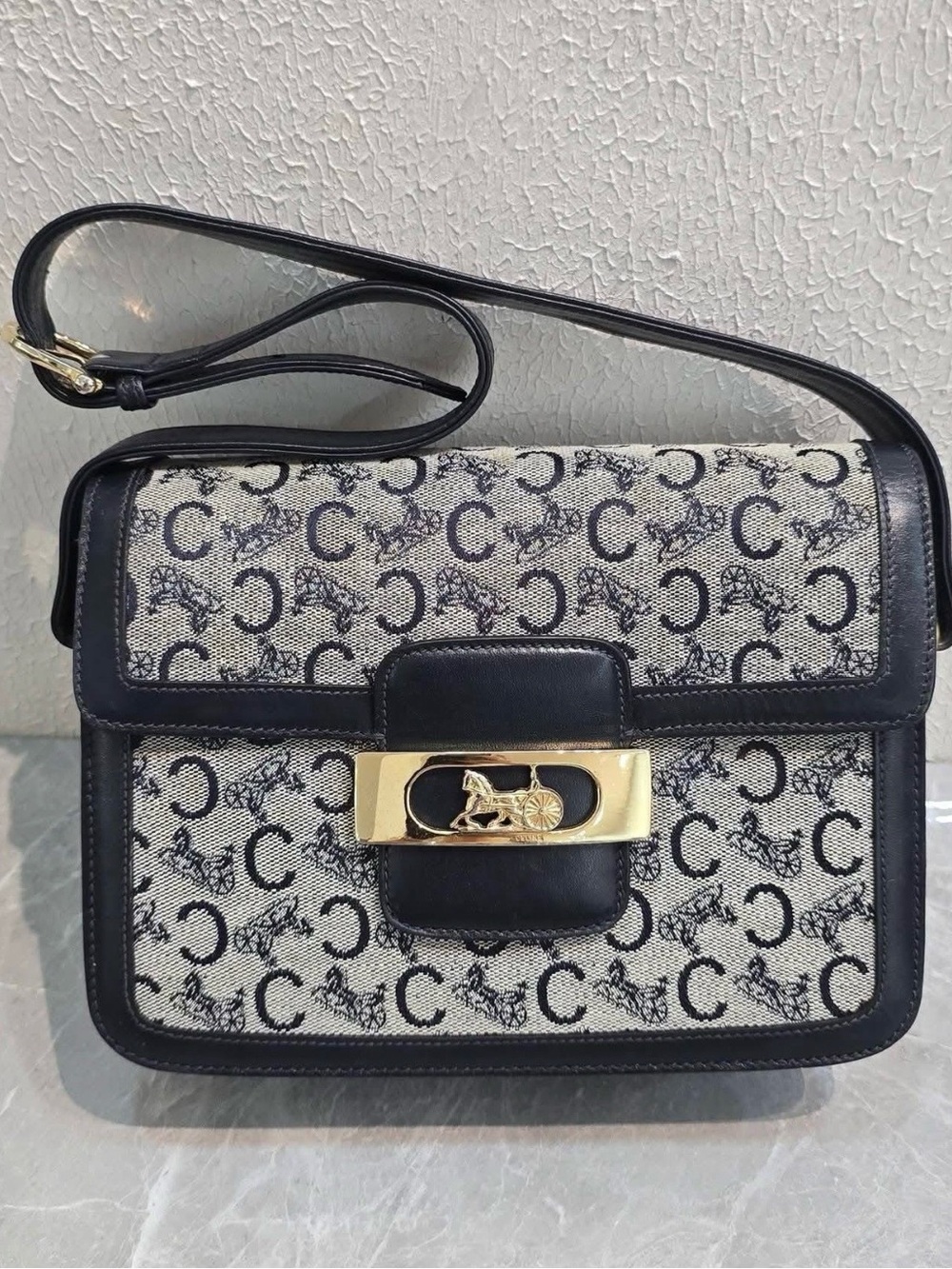 Celine Black and Cream Monogram Shoulder Bag with Gold Hardware